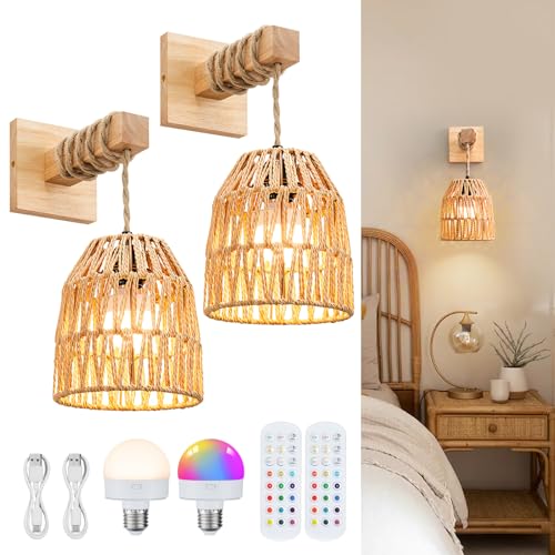 Image of Rattan Wall Sconces Battery Operated, Boho Wall Sconce, Battery Operated Wall Sconce Set of Two, Rechargeable Woven Lantern Wireless Wall Light /Lamp for Bedroom Home Decor