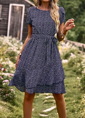 IFFEI Mommy and Me Matching Dresses Womens Summer Boho Floral Dress Ruffle Beach Mini Dress with Belt2