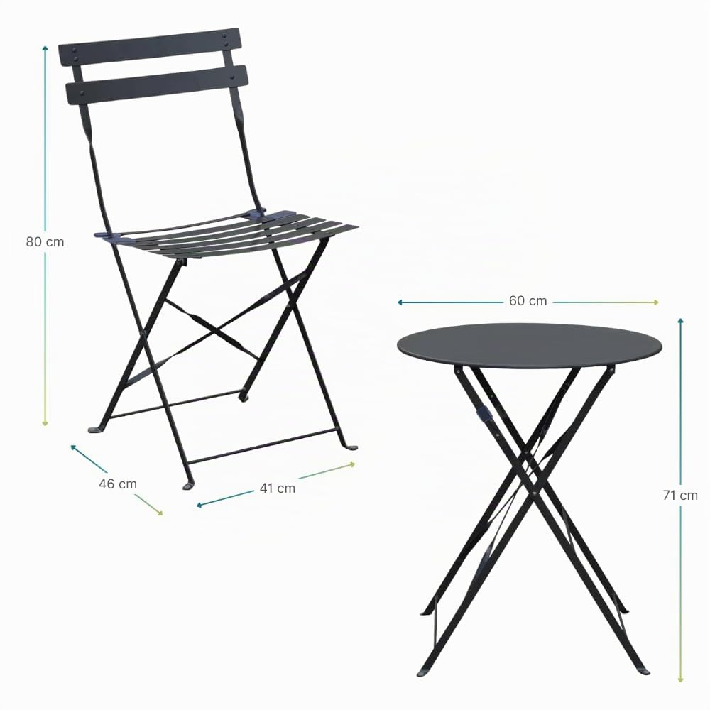 PALUPLUS Set da Bistrot 3 Pezzi, Tavolo TONDO Pieghevole 60x71 cm, 2 Sedie in Metallo 41x46x90 cm, per Balcone e Giardino, Design Retrò e Salvaspazio -7155F-15,8 (Grigio Antracite)