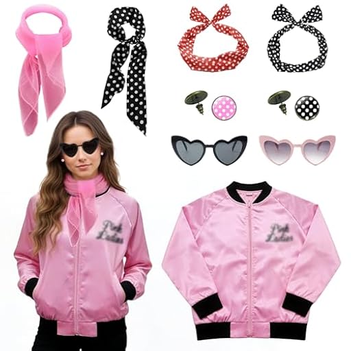 GOUYENG Chaqueta de Satén Rosa de los Años 50 para Mujer,Disfraces de Carnaval,Disfraz de Mujer de los Años 50,para Carnaval,Mardi Gras,Fiesta Temática,Víspera de Todos los Santos | Ya disponible en tu tienda friki favorita! En mundofriki.es!