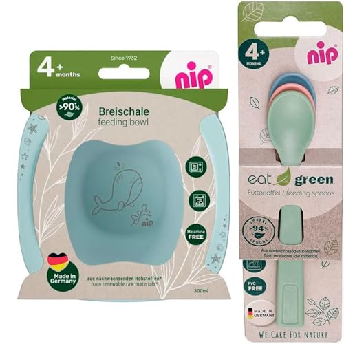 NIP öko bio Geschirrset BOYS ab 4. Monat, 2 Breischale + 3 Eat Green öko bio Babylöffel, Melamin frei, BPA frei, Spülmaschinenfest, geeignet für die Mikrowelle, made in Germany