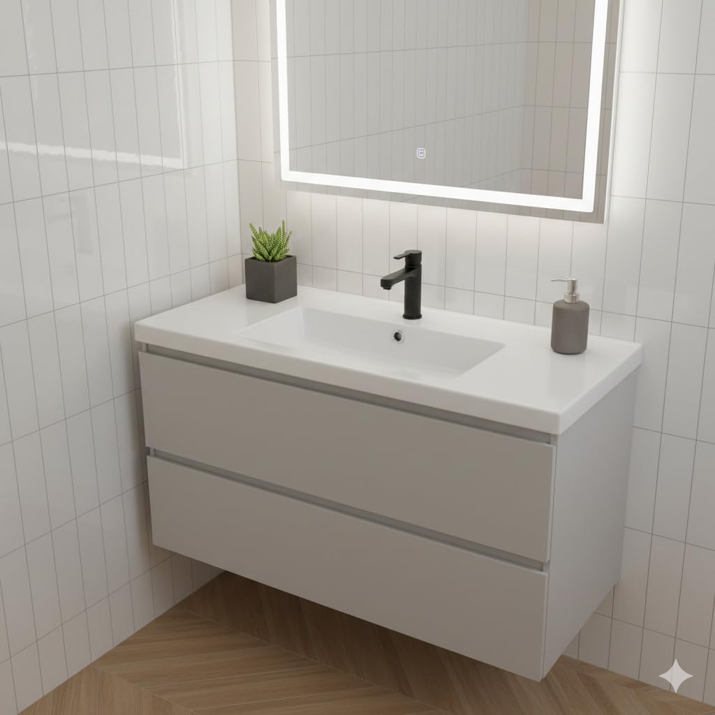 BRICOZONE Lavabo Da Incasso Rettangolare 101x36 Cm In Ceramica Bianca Lucida Monoforo Con Troppopieno Installazione Sottopiano O Soprapiano Per Bagno Moderno