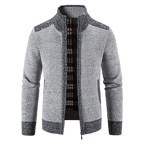 Mens Full Zip Slim Thick Knitted Cardigan Sweater Casual Cable Knit Stand Collar with Pocket Long Sleeve for Casual