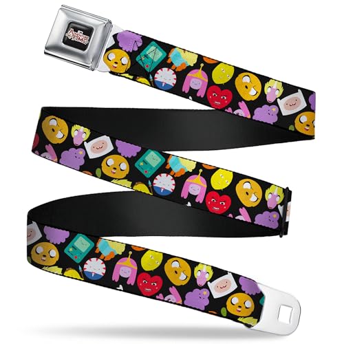 Cartoon Network Belt, Seatbelt Buckle Belt, Adventure Time Character Face Icons Scattered Black, Youth 20 to 36 Inches