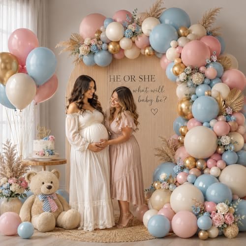 Image of Gender Reveal Balloon Arch Kit, 100 PCS Dusty Pink Blue Balloons, Metallic Gold Sand White Balloons for Boy or Girl Gender Reveal Boho Birthday Wedding Baby Shower Bridal Bear Theme Party Decorations