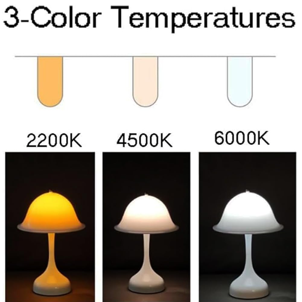 Lampa LED w kształcie grzyba, bezprzewodowa, dotykowa, ściemniana lampa stołowa, ładowana w 3 temperaturach barwowych, ładowana przez USB, lampka nocna do czytania