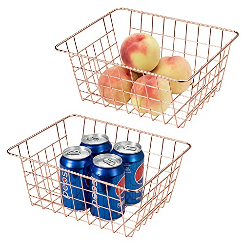 Lonian Cestas de almacenamiento de alambre de metal, paquete de 2 cestas organizadoras de alimentos de alambre para almacenamiento de bebidas de frutas en gabinetes de cocina, despensa, congelador