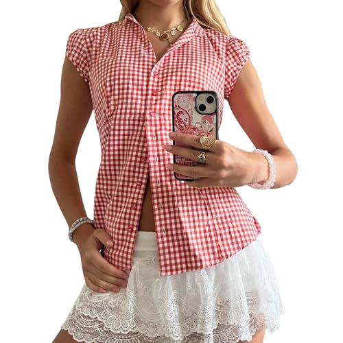 Women's Plaid Button Down Shirt Short Cap Sleeve V Neck Casual Blouse Tops for Woman2