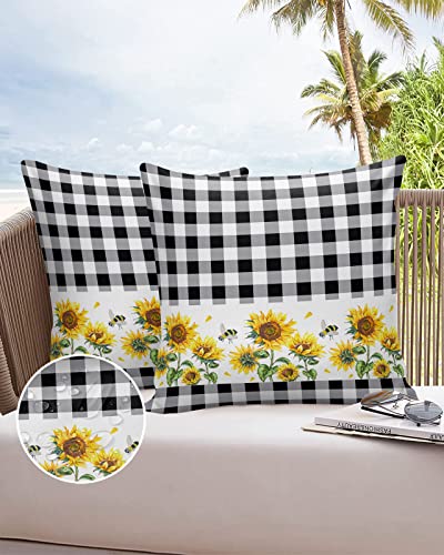 Outdoor Throw Pillow Covers Waterproof Pillow Cases 18x18in,Sunflower Farm Flowers Black White Plaid Decorative Pillow Covers Cushion Cases for Couch Sofa Patio,2 Pack Country Watercolor Flowers