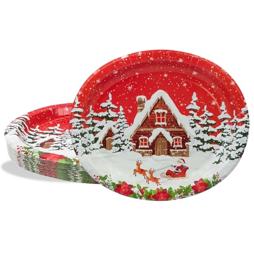 BFB Weihnachten Ovale Pappteller Set 24 Stück Winterhaus Rot...