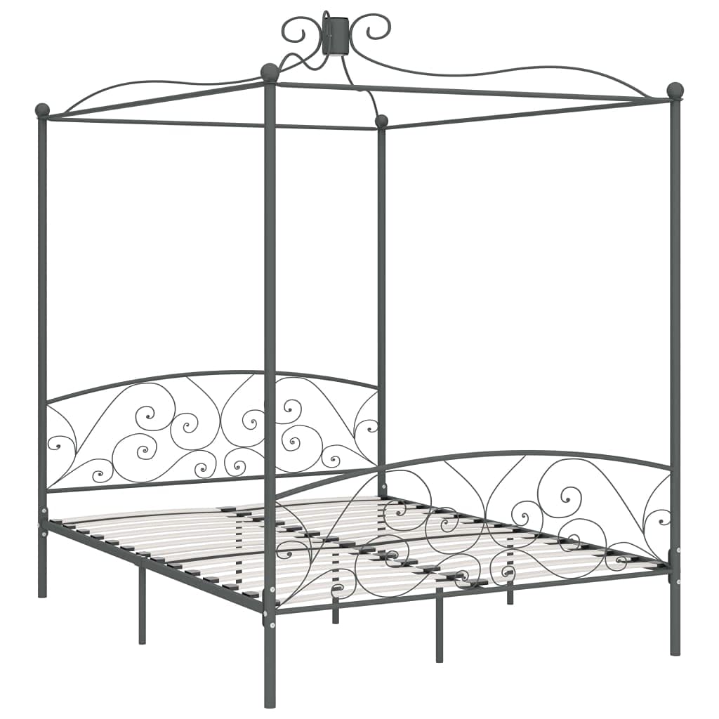 Szara metalowa rama łóżka z baldachimem 160 x 200 cm, górna rama na zasłony, solidna i trwała rama bez materaca, stylowy design do sypialni, w zestawie stelaż