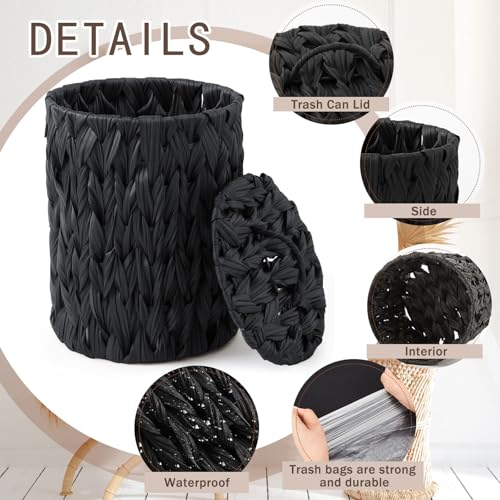 Image of Ctosree 1.3 Gallons Small Trash Can with Lid Handle Boho Woven Braided Bathroom Waste Basket Trash Can with 100 Garbage Bags for Bedroom Office Laundry(Braided Polypropylene, Black)