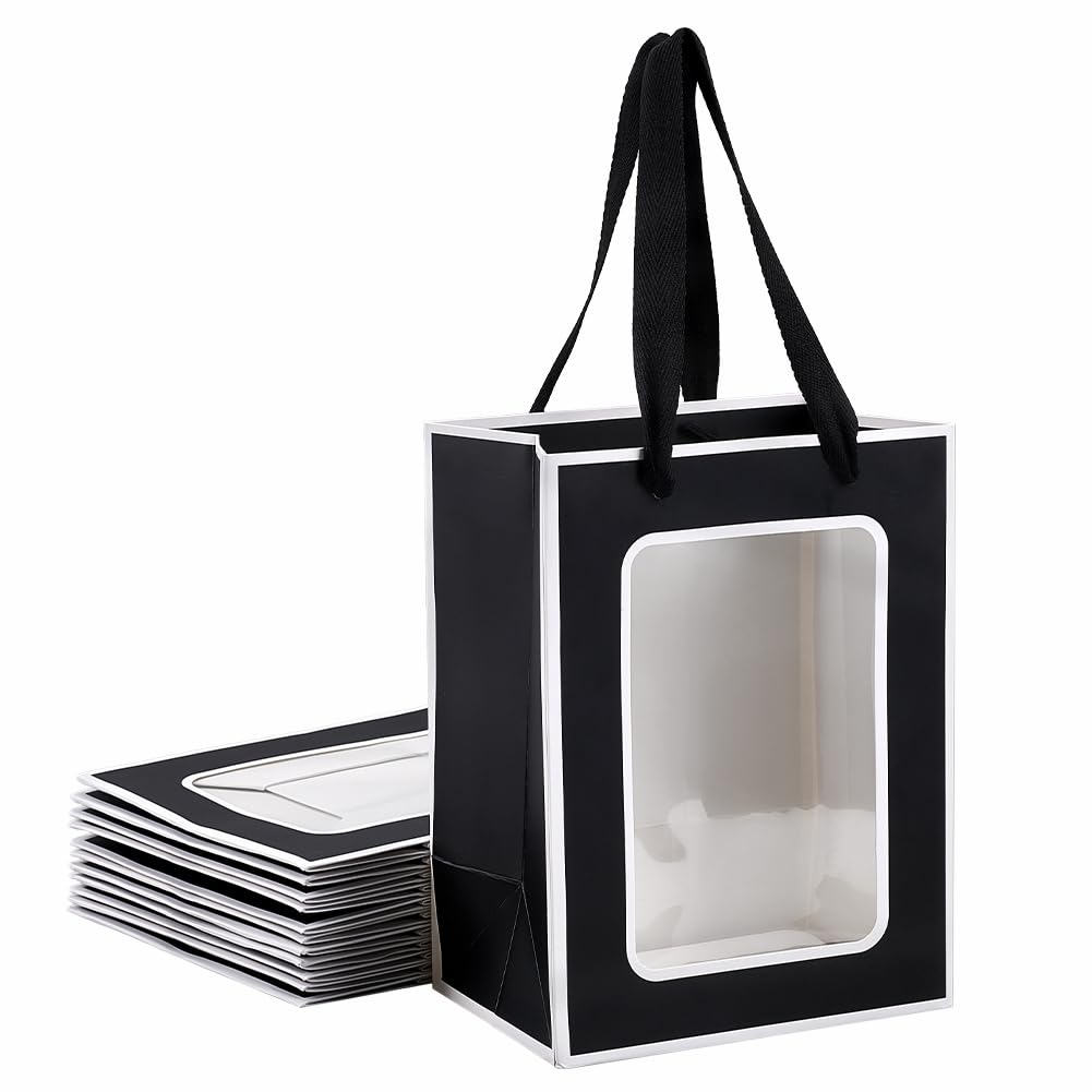 NBEADS 12Pcs Kraft Paper Gift Bags with Clear Window, 20x15x10.3cm Paper Gift Tote Bags with Handles Paper Shopping Bags for Birthday Bridal Shower Festival Party, Black White