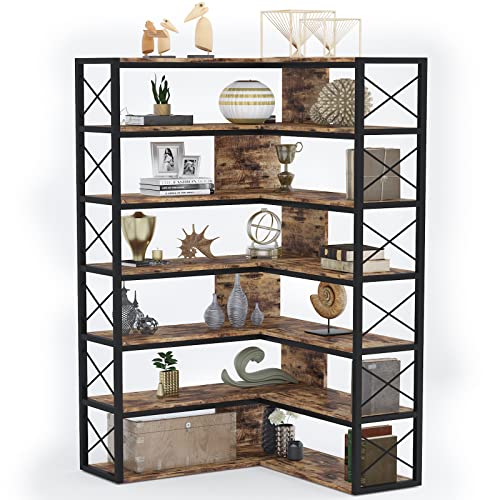 Pakasept 6-Shelf Corner Bookshelf, Vintage Industrial Corner Shelf Stand Etagere Bookcase, Large Book Shelf With Metal Frame Open Storage Corner Cabinet For Living Room Home Office, Retro Brown #TOP6