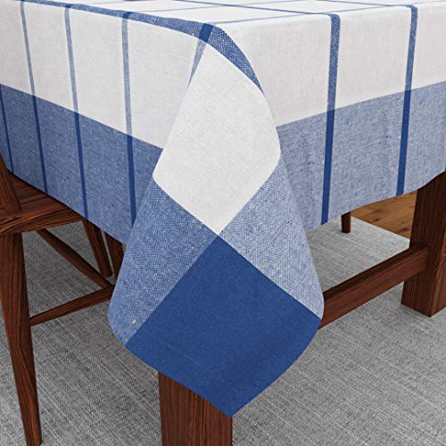 Image of Encasa XO Table Cloth (10 ft Long) for 8 to 10 Seater Large Center Dining Table - Blue Checks with Borders - Heavy Homespun Eco-Cotton Fabric, Washable, for Home, Garden, Hotel & Restaurant