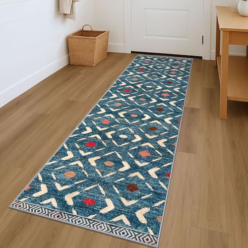 KILOCOCO Hallway Runner Rug 2'x7' Runners for Hallways Soft Washable Runner Rugs Non Slip Printed Low-Pile Runners for Bedroom Kitchen Living Room Laundry Room Boho Rugs, Teal/Blue