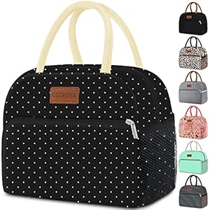 Coobiiya Lunch Bag Women, Insulated Lunch Box Tote Bag for Women Adult Men, Reusable Small Leakproof Cooler Cute Lunch Box Bags for Work Office Picnic School or Travel (Black Polka Dot)