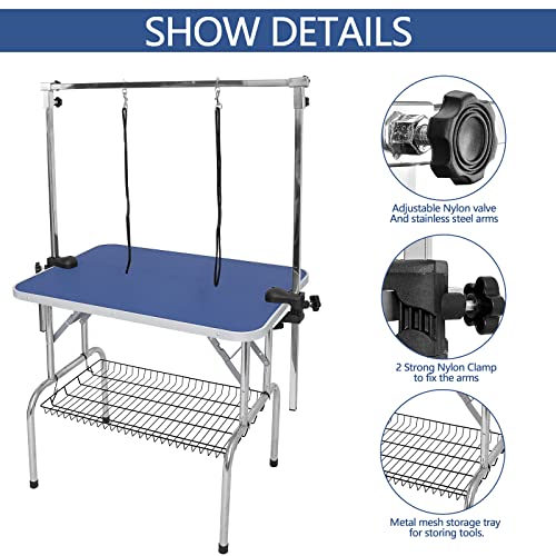 automoris 36inch Foldable Pet Grooming Table with Arm Noose & Mesh Tray, 36"x24"x30" Stainless Steel Adjustable Dog Cat Bathing Table Textured Surface Pet Groom Table Stand,Capacity Up to 265 LBS-Blue - Image 3