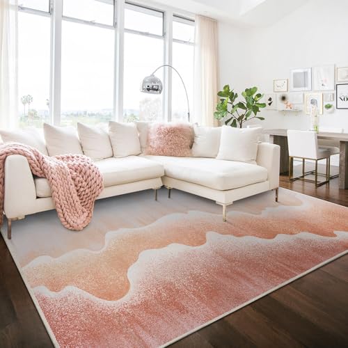 Area Rugs 8x10 for Living Room Bedroom, Modern Abstract Machine Washable Rug, Large Soft Low Pile Floor Cover with Non Slip Backing for Dining Room, Coral Pink