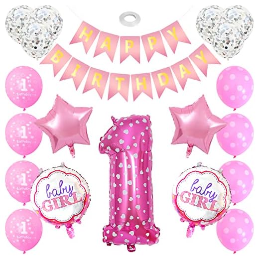 onehous Decoraciones de primer cumpleaños para niñas, suministros para fiesta de primer cumpleaños de niña, pancarta rosa de feliz cumpleaños, pancarta para silla alta, globos de lámina