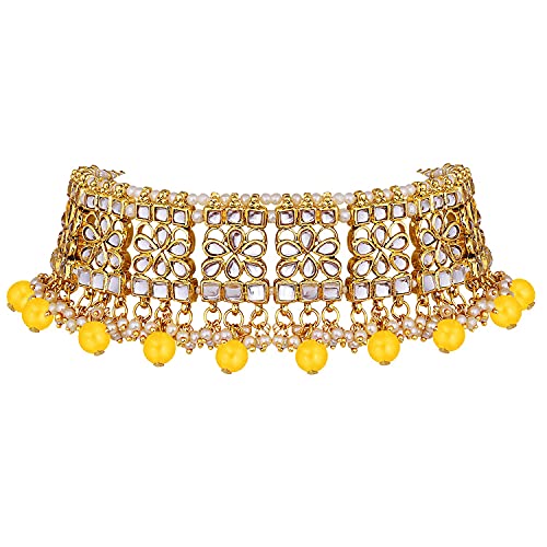 Image of Aheli Elegant Indian Faux Kundan Studded Choker Necklace with Maang Tikka Set Ethnic Wedding Wear Bharatanatyam jewellery set Gift for Women