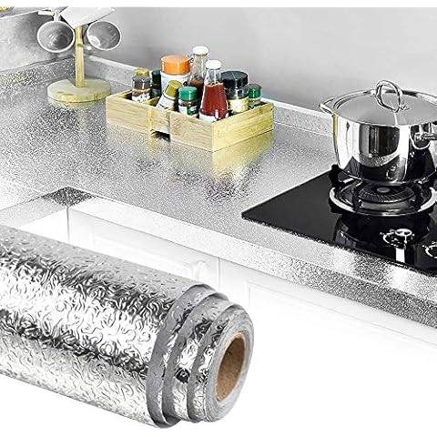 TANCUDER Kitchen Oil Proof Stickers 40CM*5M Waterproof Aluminum Foil Stickers Peel and Stick Kitchen Stove Sticker Back Plastic Self Adhesive Wallpaper Roll Moisture-proof Metallic Shelf Liner, Silver Cover