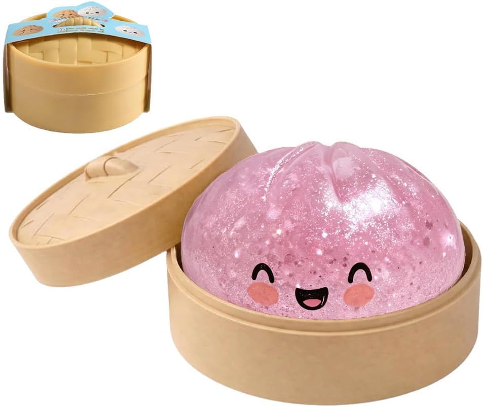 Giant Dumpling Squishy with Steamer Box，Soft Squeeze Decompression Dough Toy for Stress Anxiety Relief(Glitter pink）