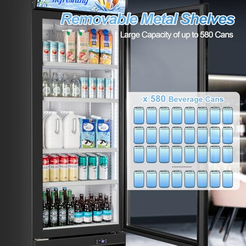 Image of Tylza Commercial Refrigerator with Glass Door Display Beverage Fridge, 11.15 Cu Ft Upright Beverage Cooler Merchandiser with Replaceable Advertising Light Board, Rebound Door, Fast Cooling, Black