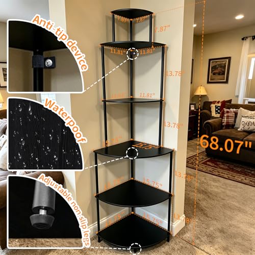 6 Tier Corner Shelf Stand, Corner Bookshelf, Wood Storage Shelving Unit for Small Space, Bathroom, Bedroom, Apartment, Easy to Assemble, Rustic Brown (Black)