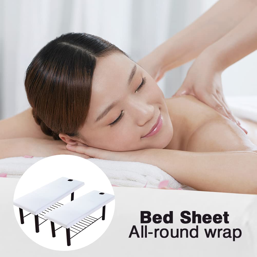 2 lenzuola per lettini da massaggio, con foro universale per il viso, con angoli elasticizzati, per SPA e salone di bellezza per il viso, (colore: bianco)
