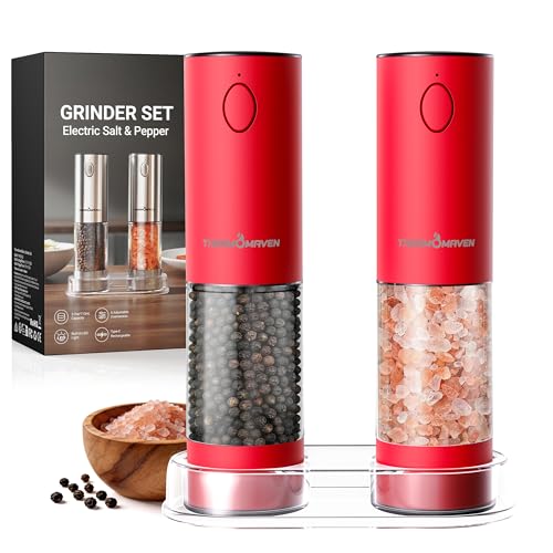 Image of ThermoMaven Electric Salt and Pepper Grinder Set, 110ml Larger Rechargeable Automatic Salt and Pepper Mill Grinder with 6 Adjustable Coarseness, Electric Salt and Pepper Shakers, LED, 2 Packs, Red