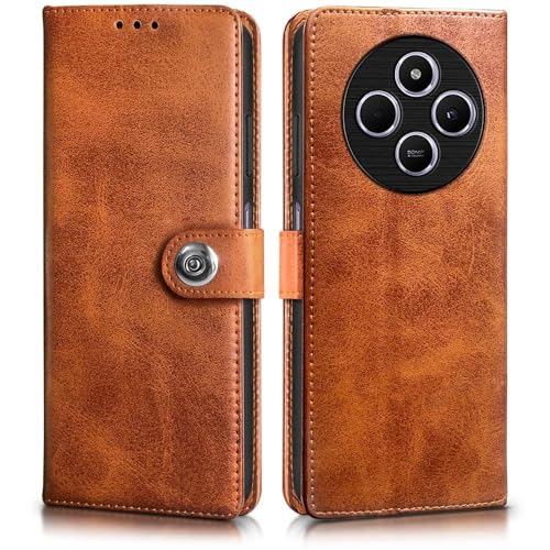 Image of Genuine Leather Finish Flip Back Cover Case for Mi Redmi A4 5G / Redmi 14C 5G / Poco C75 5G / Poco M7 5G | Inbuilt Pockets & Stand | Designer Button Magnet Flip Cover (Faux Leather(Brown)