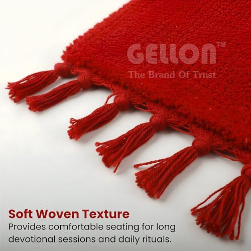 Image of Gellon Traditional Cotton Prayer Mat for Puja, Red Asan for Prayer, Sitting, Meditation, Small Carpet Mat Rug for Floor in 24 x24 Inch in Red Color