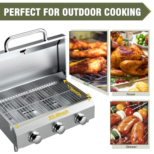 Image of Bestfire 3-Burner Tabletop Gas Grill, 30,000 BTU Portable Propane Grill with Heavy-Duty Thickened Grates & Stainless Steel Knobs, Compact Design&Detachable Legs for Camping, RV, Backyard BBQ