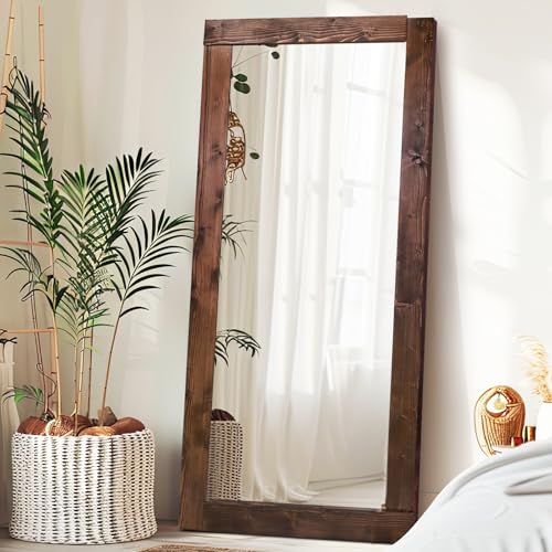 Image of 71x32in Full Length Mirror, Solid Wood Convex Frame, Brown