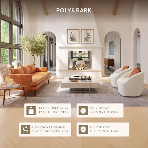 Image of POLY & BARK Girona 88 inch Sofa - Cognac Tan Full-Grain Pure-Aniline Italian Leather, Feather-Down Cushions, Kiln-Dried Solid Wood Frame, Walnut Legs