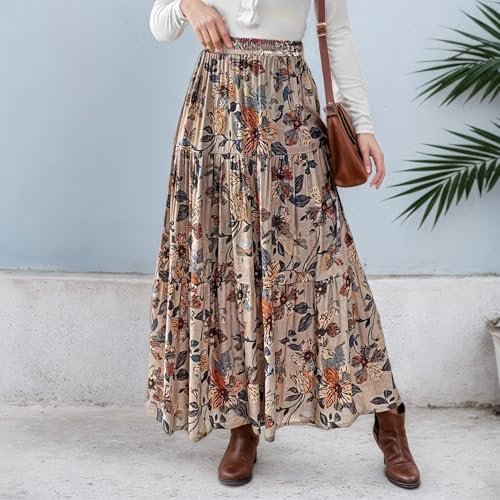 Women’s Flowy Maxi Skirts Casual Trendy Boho Vintage Floral Printed Tiered Elastic High Waisted A-Line Long Skirt2