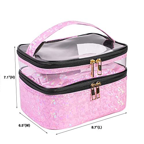 FITINI Makeup Bags Double Layer Travel Storage Cosmetic Cases Make-up Organizer Toiletry Bags Water-resistant for Women Makeup Brush Bag,Light Pink Holographic2