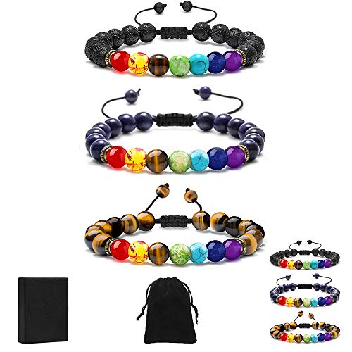 Lava Rock Chakra Bracelets - 8mm Lava Rock Stones Beads Bracelets, Men Stress Relief Lapis Lazuli Tiger Eye Beads Aromatherapy Essential Oil Diffuser Bracelets Chakras Anxiety Bracelet for Women