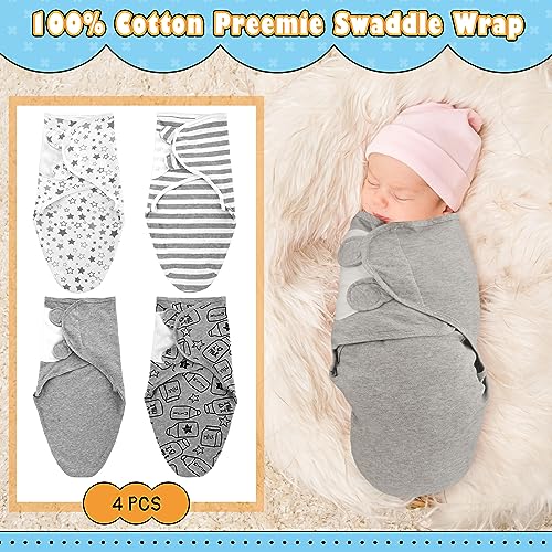 Image of Newwiee 4 Pcs Preemie Baby Swaddle Wrap Adjustable Cotton Swaddle Sleep Blanket for Preemie Boy Girl Improves Sleep Essentials(Grey Stripe)