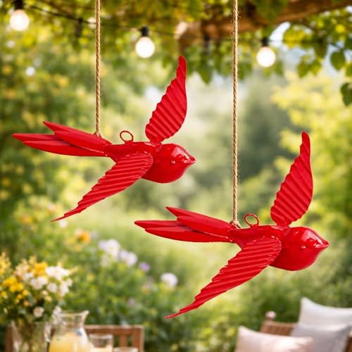 Image of Elan Hanging Decorative Rockstar Bird for Home Balcony and Garden Decor (Metal; Red, Set of 2)
