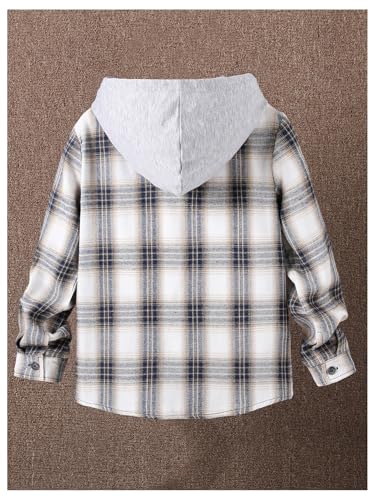 OYOANGLE Boy's Color Block Plaid Button Down Long Sleeve Hooded Shirt Shacket Jacket with Pocket2