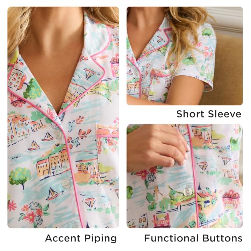 Image of Cuddl Duds 2 Piece Short Sleeve Capri Matching Pajamas for Women PJs Set | Cropped Capris Pants & Button Up Top, Sleepwear & Loungewear, Cute Sleep & PJ Set, Soft Lightweight & Breathable Pajamas