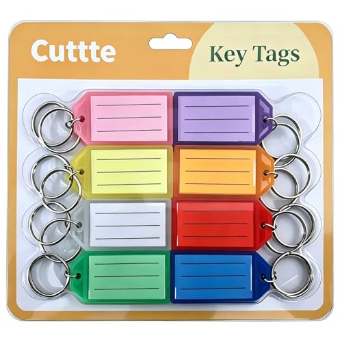 Cuttte 16 Pack Plastic Key Tags, Key Labels with Ring and Label Window, 8 Colors