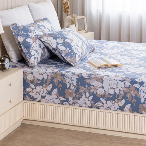 Image of HOMEMONDE 210 TC Cotton Fitted Bedsheet for King Size Bed 84 x 78 Inch, Blossom Haze Design, 2 Matching Pillow Covers & Premium Gift Box Included