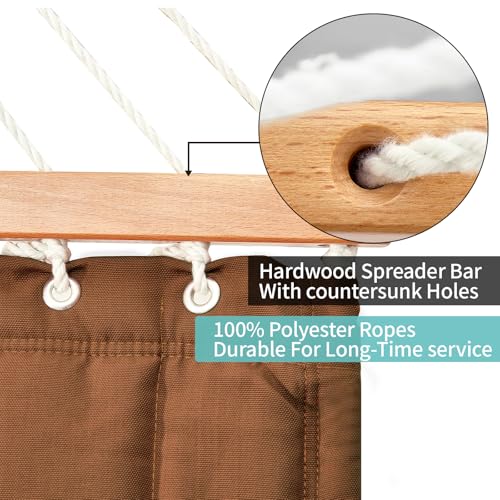 Image of Double Quilted Fabric Hammock with Hardwood Spreader Bars and Pillow 450 LBS Capacity 2 Person Large Hammock for Outdoor Patio Backyard Poolside - Brown