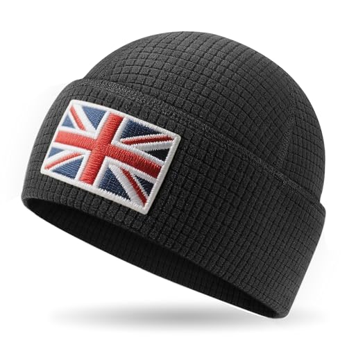 Outdoor Shaping Grid Fleece Cuffed Beanie with Leather American Flag Patch Waffle Tactical Army Military Skull Cap Black