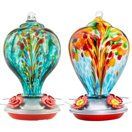 LaElvish Garden 2 Packs Hummingbird Feeder for Outdoors Hanging Ant and Bee Proof, 32OZ & 34OZ, Hand Blown Glass Hummingbird Feeders for Outside, Blue & Teal