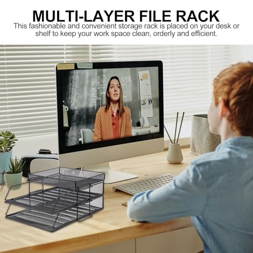 Soporte de metal multicapa para documentos de malla hueca de secado rápido para escritorio de oficina y trabajo, diseño negro