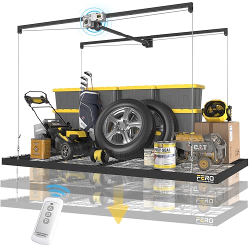 FERO Motorized Overhead Garage Storage Rack with Remote Control Heavy-Duty Ceiling Mounted Organizer 4x8 FT Ceiling Storage Lift System Space-Saving Hanging Garage Shelves 325 LBS Capacity